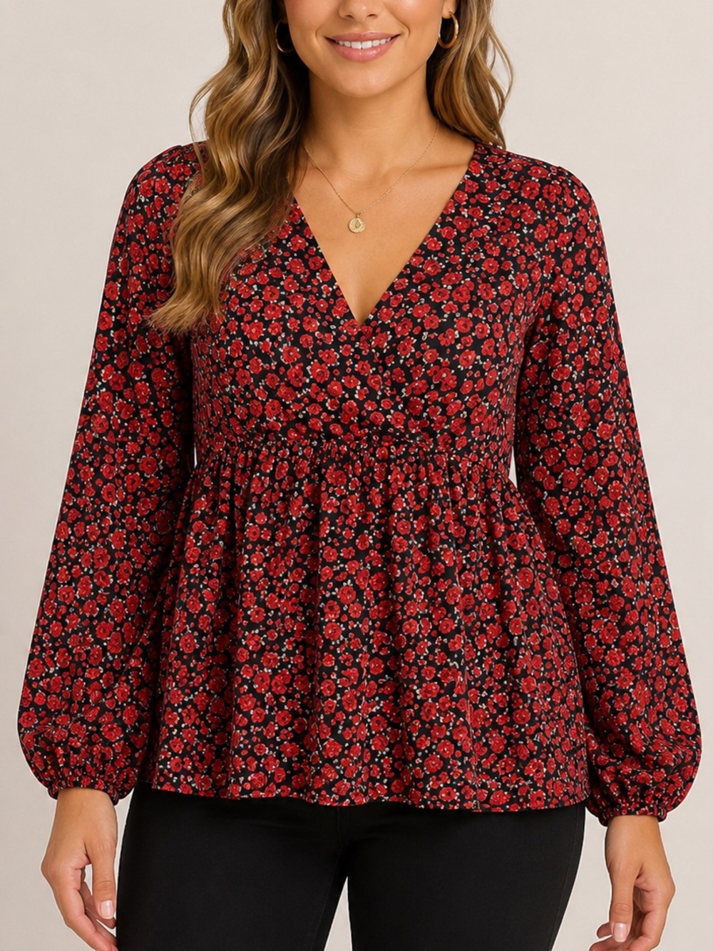 SHEIN Red Black Floral V-Neck Long Sleeve Bubble Sleeve Blouse XS